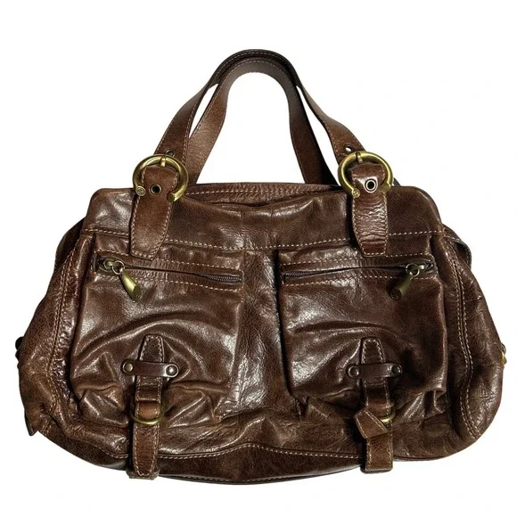 Francesco Biasia Leather Handbag Weathered Chocolate Brown Brass Hardware